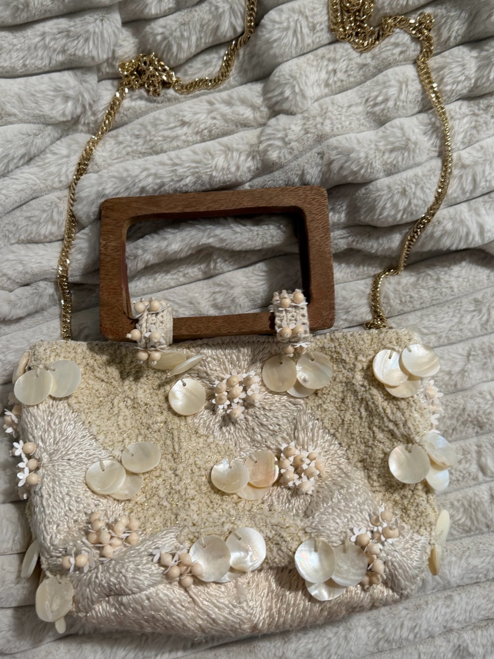 Zara Cream Embellished Shell-Accent Crossbody with Wooden Handle